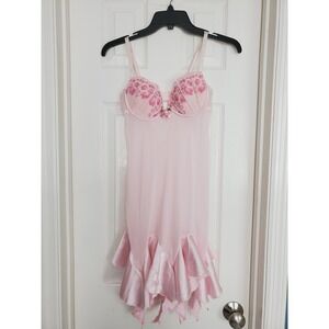 Y2k Delicates Babydoll Chemise Pink Lace Floral Ruffle Trim Lingerie Nightgown S